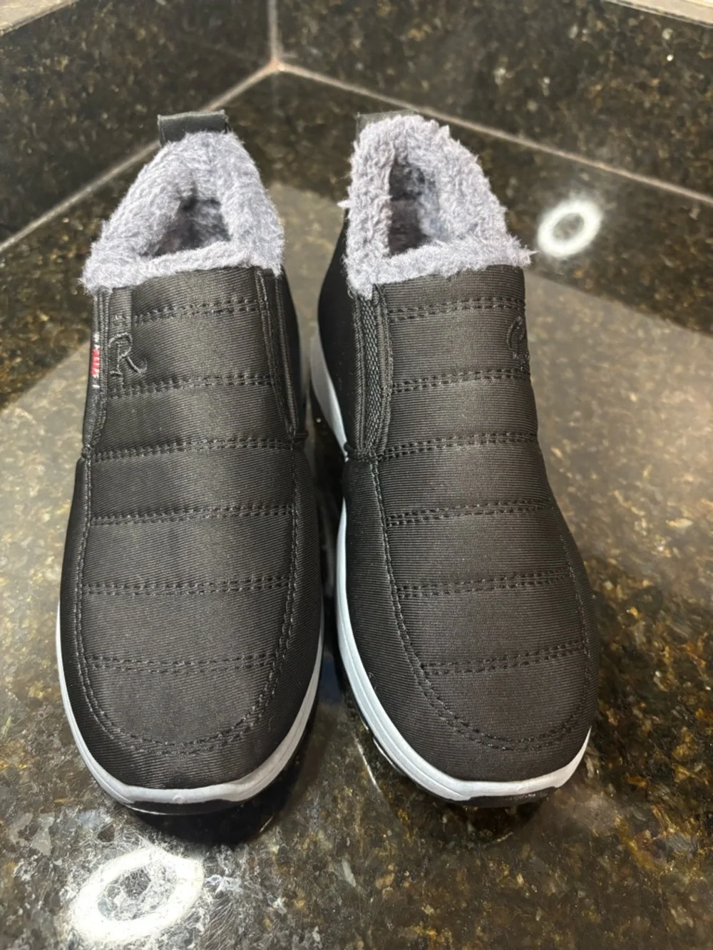 New Black Slip-On Waterproof Winter Sneakers with Gray Faux Fur Lining Size 37